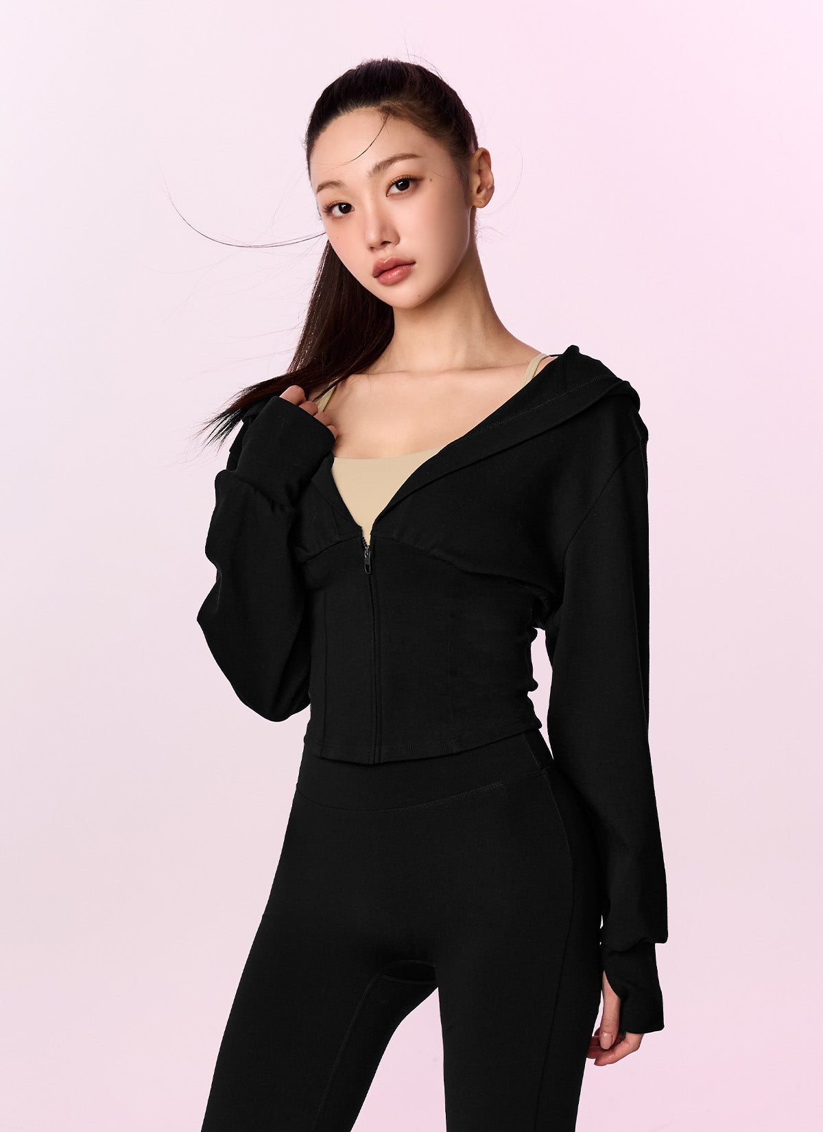 Deep V-Neck Hood Zip-up