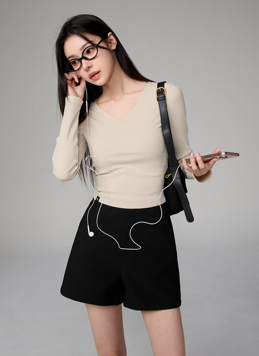 Ribbed Lap V-neck Long Sleeve