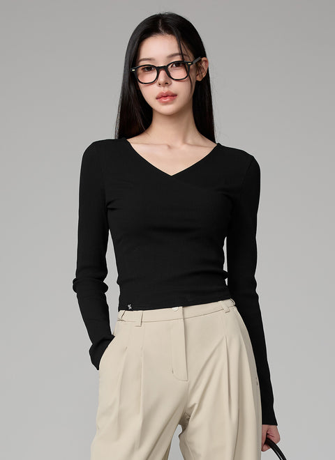 Ribbed Lap V-neck Long Sleeve