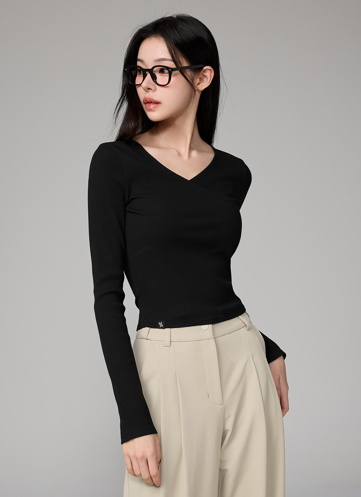 Ribbed Lap V-neck Long Sleeve