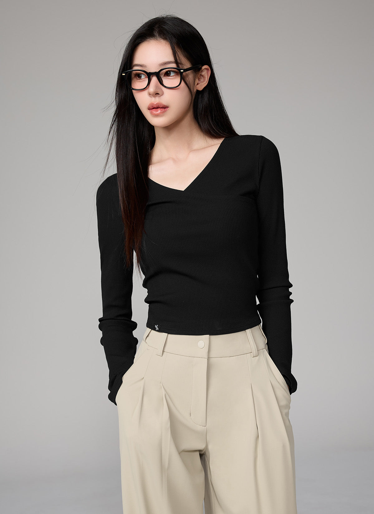 Ribbed Lap V-neck Long Sleeve